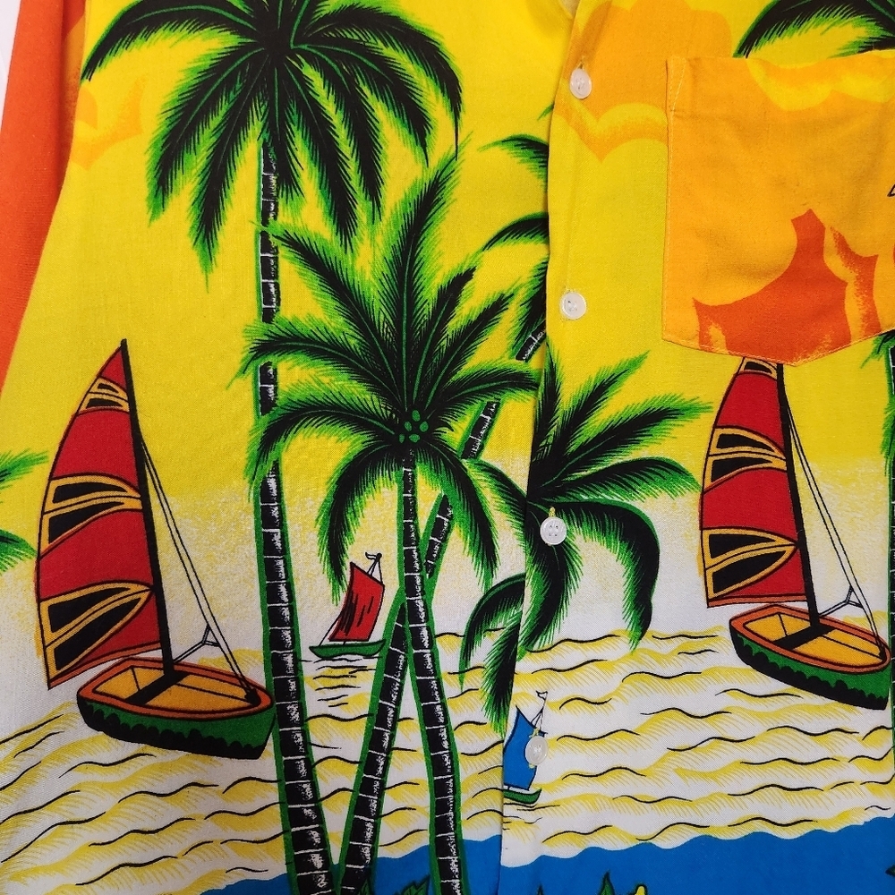 Vintage Hawaii Orange Aloha Shirt Mens Size XL Tropical Beach Sunset Ukulele 90s - Picture 6 of 12